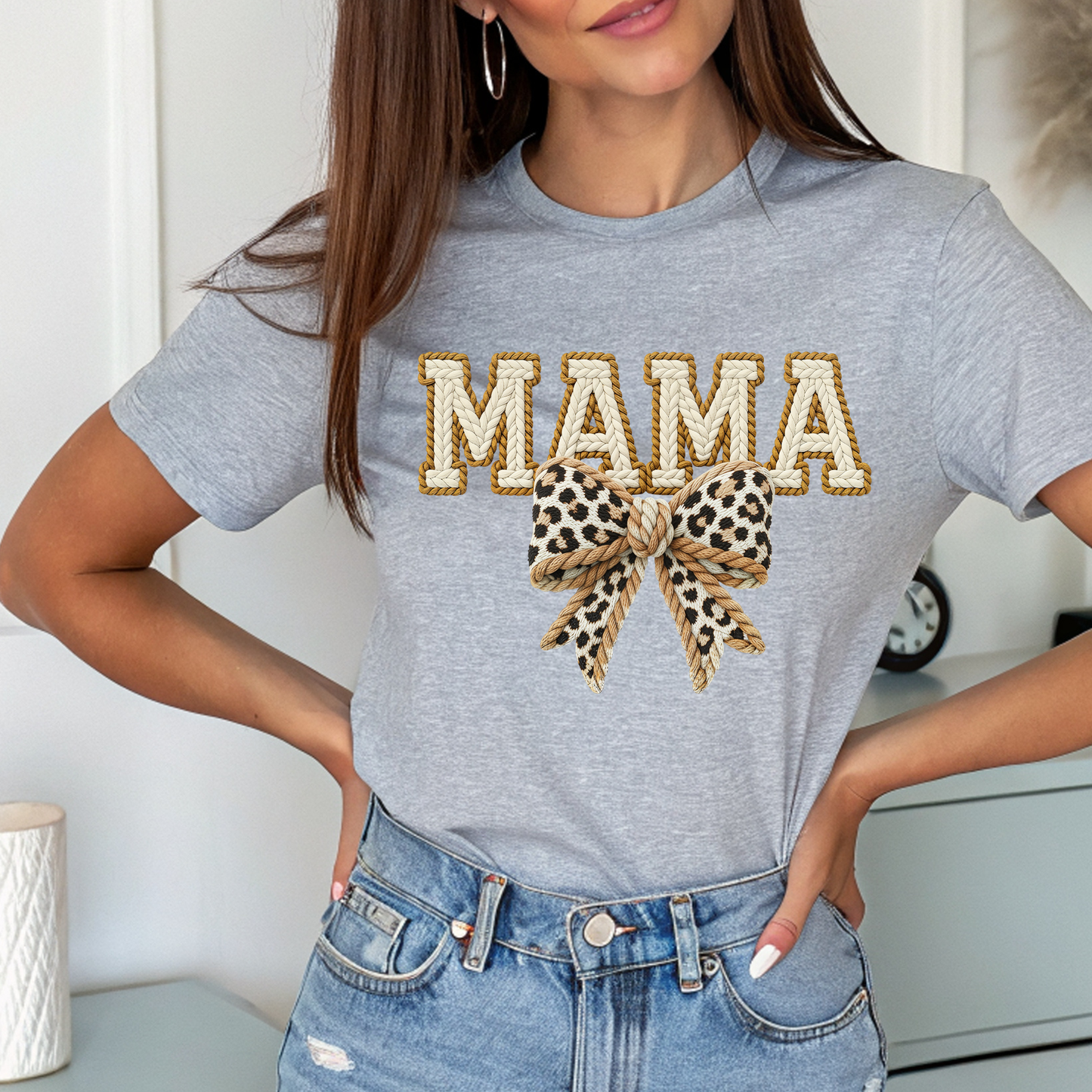 Mama Leopard Bow Tee — Women's 'MAMA' Graphic T-Shirt, Mother's Day Gift
