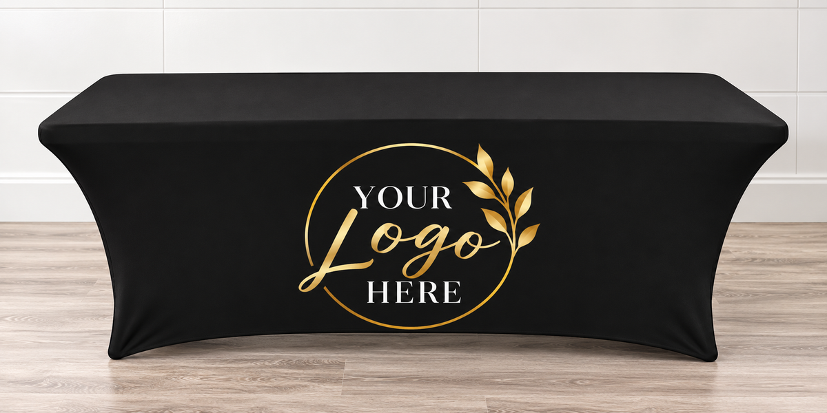 Custom Table Cover with Logo, Personalized Fitted Table Cloth for Business, Vendor Booth Display, Stretch 4ft 6ft 8ft Tablecloth