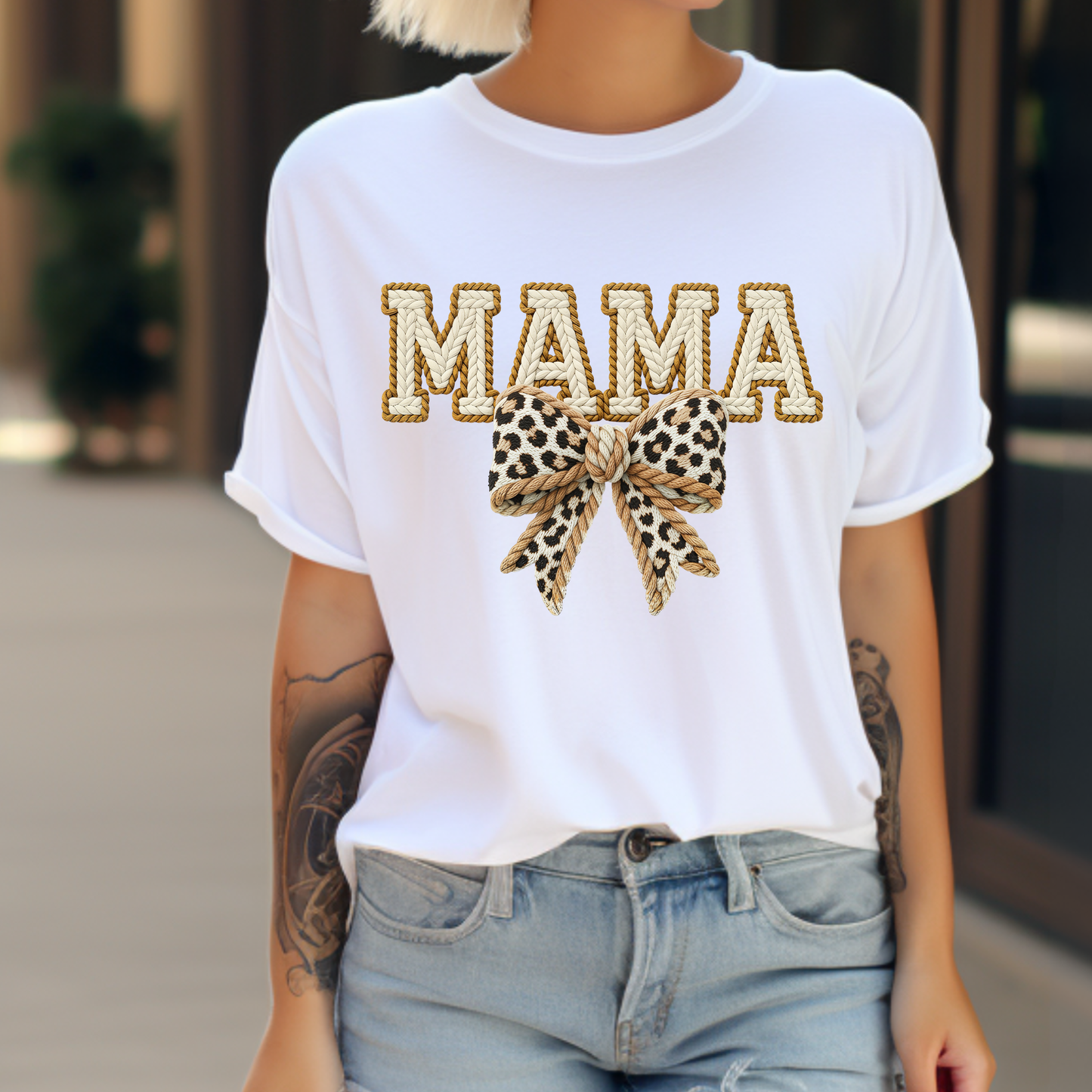 Mama Leopard Bow Tee — Women's 'MAMA' Graphic T-Shirt, Mother's Day Gift