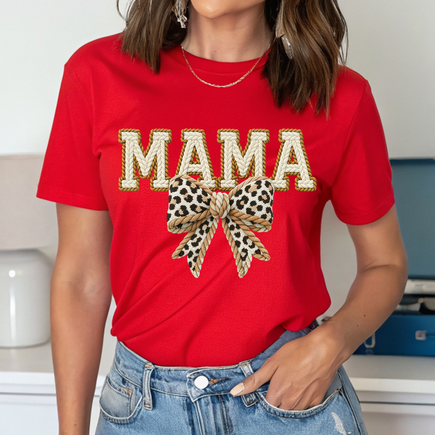 Mama Leopard Bow Tee — Women's 'MAMA' Graphic T-Shirt, Mother's Day Gift