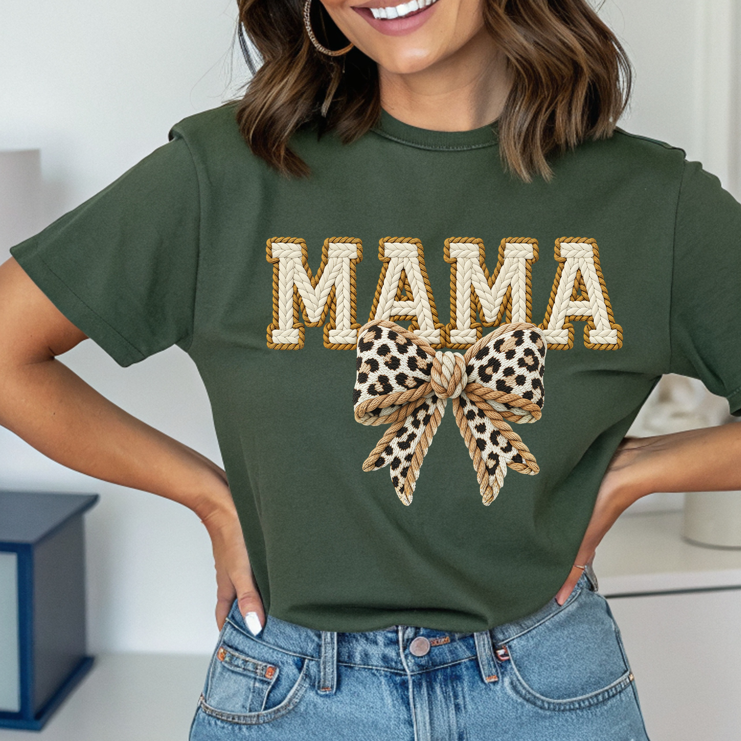 Mama Leopard Bow Tee — Women's 'MAMA' Graphic T-Shirt, Mother's Day Gift