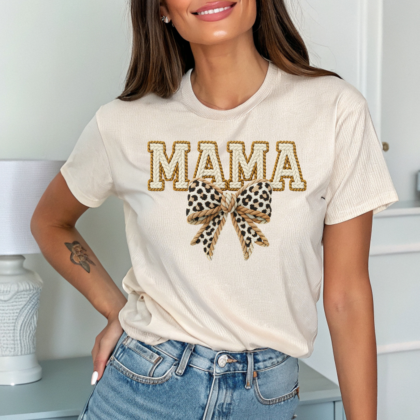 Mama Leopard Bow Tee — Women's 'MAMA' Graphic T-Shirt, Mother's Day Gift