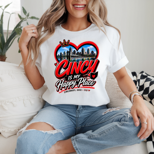 Cincy Is My Happy Place T-Shirt | Cincinnati Ohio 513 Shirt | Queen City Tee