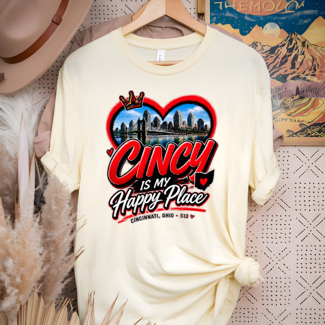 Cincy Is My Happy Place T-Shirt | Cincinnati Ohio 513 Shirt | Queen City Tee