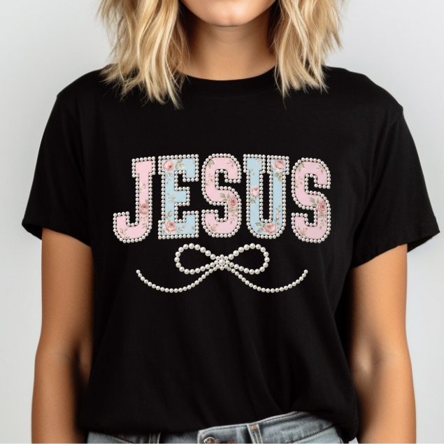 Jesus Pearl Bow Graphic T-Shirt | Christian Faith Shirt | Feminine Religious Tee | Inspirational Graphic Tee | Comfort Colors Shirt