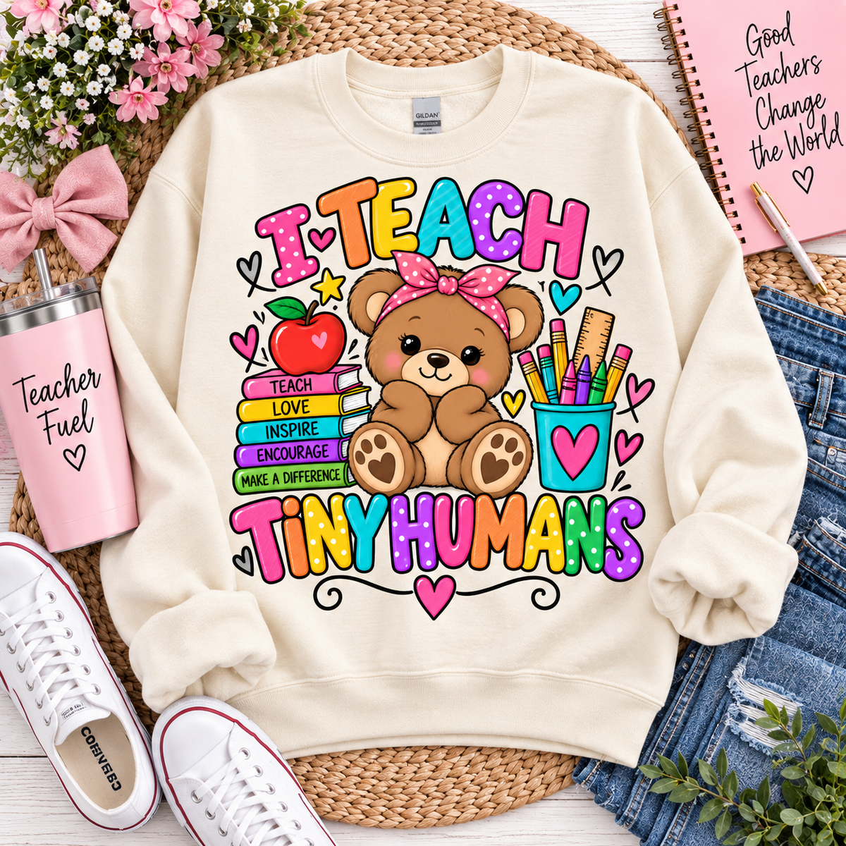 I Teach Tiny Humans Sweatshirt | Teacher Bear Crewneck | Cute Teacher Sweatshirt | Teacher Gift