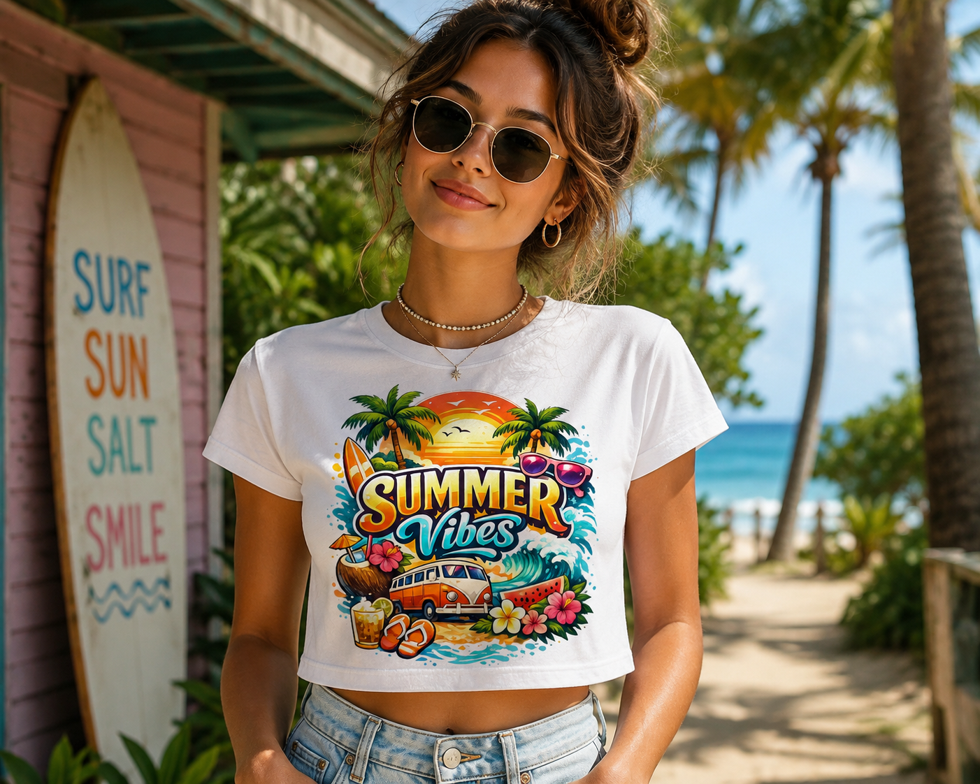 Summer Vibes Crop Tee | Women’s Beach Vacation Graphic T-Shirt | Trendy Summer Crop Top