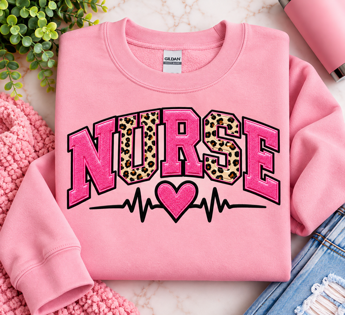 NURSE Heartbeat Sweatshirt | Pink & Leopard Print