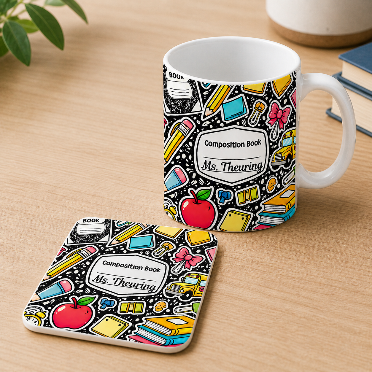 Personalized Teacher Gift Set | Custom Name Mug, Coaster & 20oz Skinny Tumbler | Teacher Appreciation Gift | Back to School Gift for Teacher