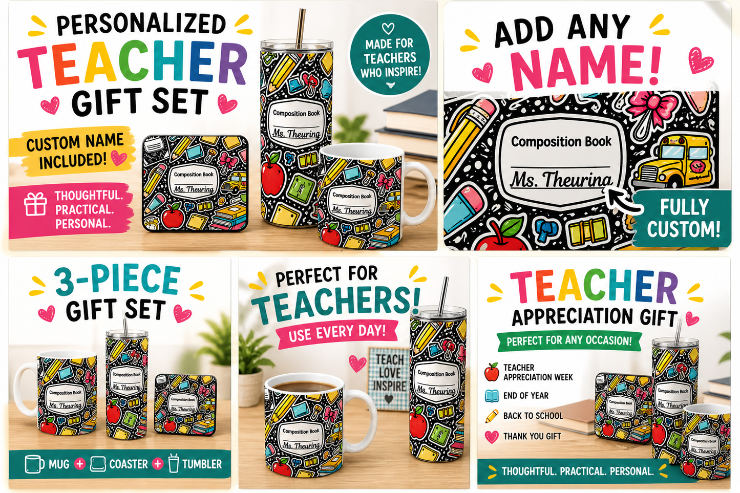 Personalized Teacher Gift Set | Custom Name Mug, Coaster & 20oz Skinny Tumbler | Teacher Appreciation Gift | Back to School Gift for Teacher