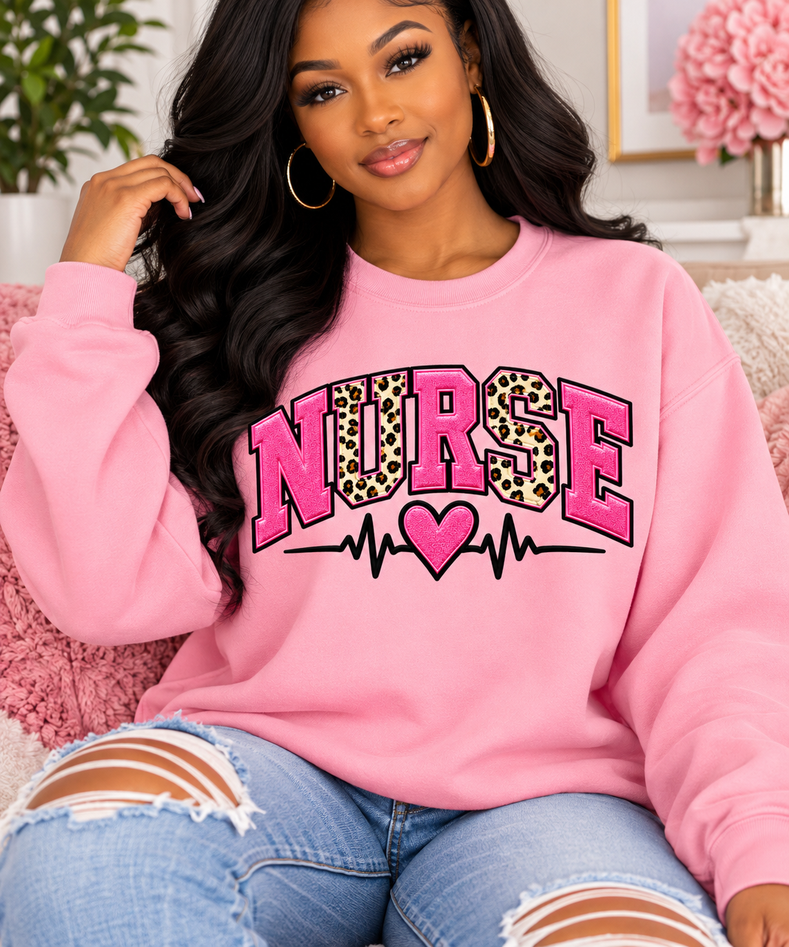 NURSE Heartbeat Sweatshirt | Pink & Leopard Print
