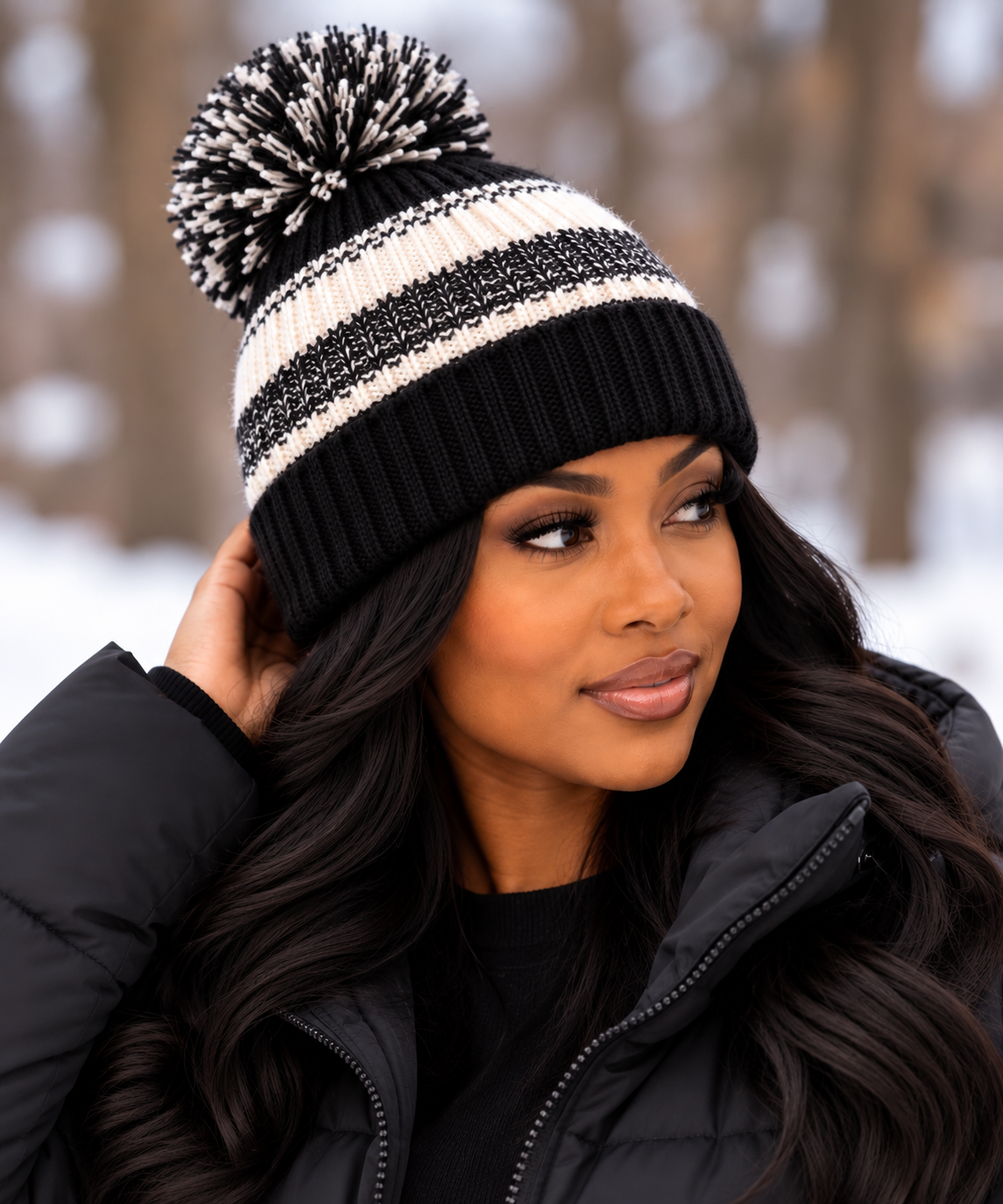 Striped Pom Beanie | Blank Cozy Winter Hat