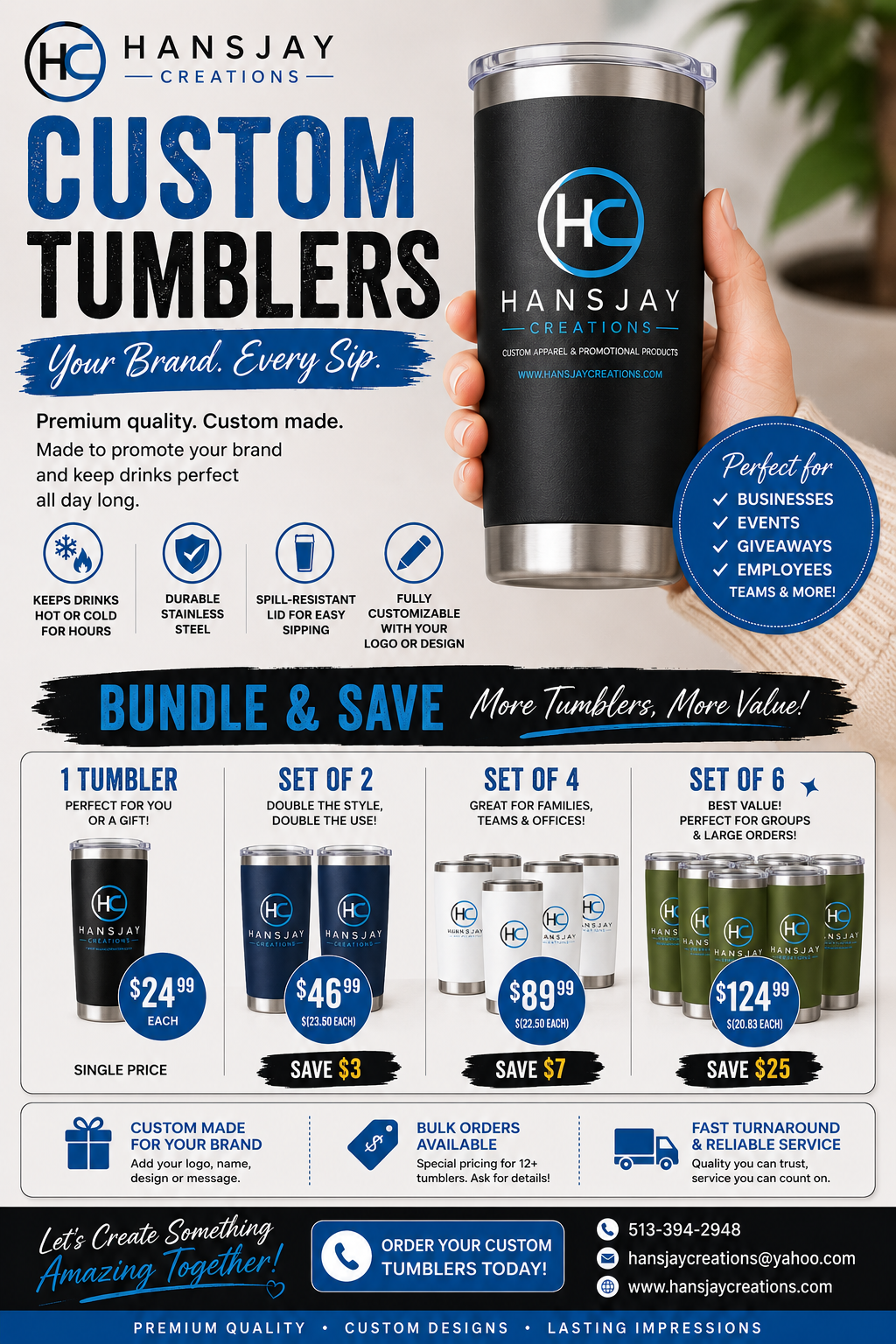 Custom Stainless Steel Insulated Tumblers – Set of 6 | Full-Color Logo Drinkware for Businesses & Events
