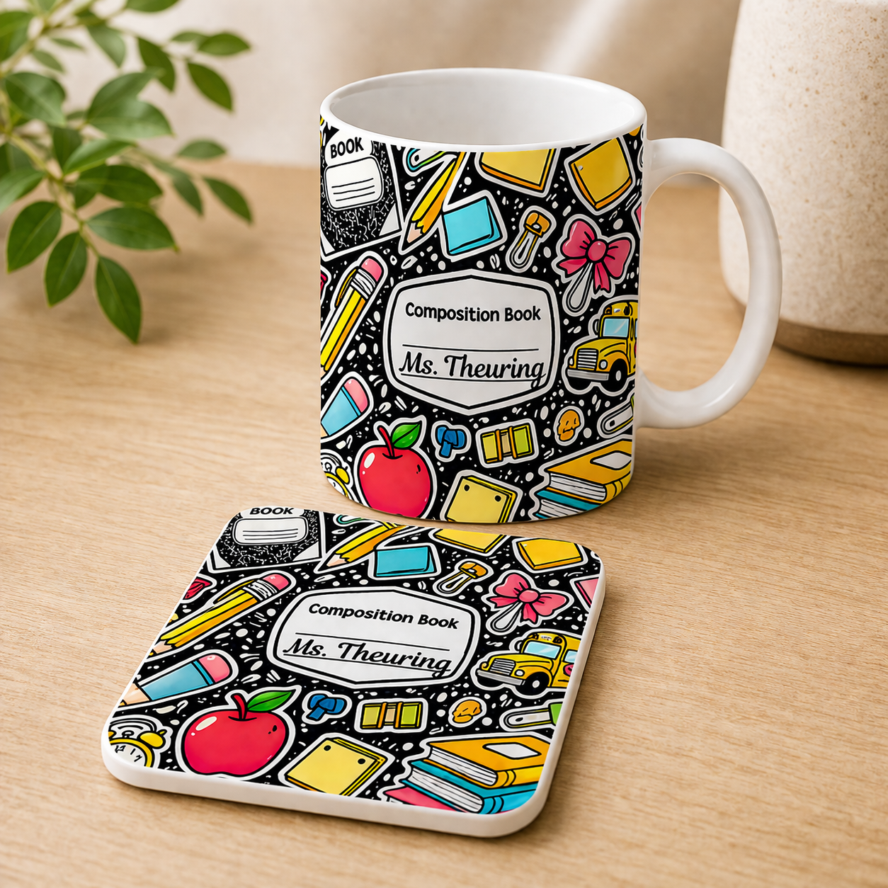 Personalized Teacher Gift Set | Custom Name Mug, Coaster & 20oz Skinny Tumbler | Teacher Appreciation Gift | Back to School Gift for Teacher