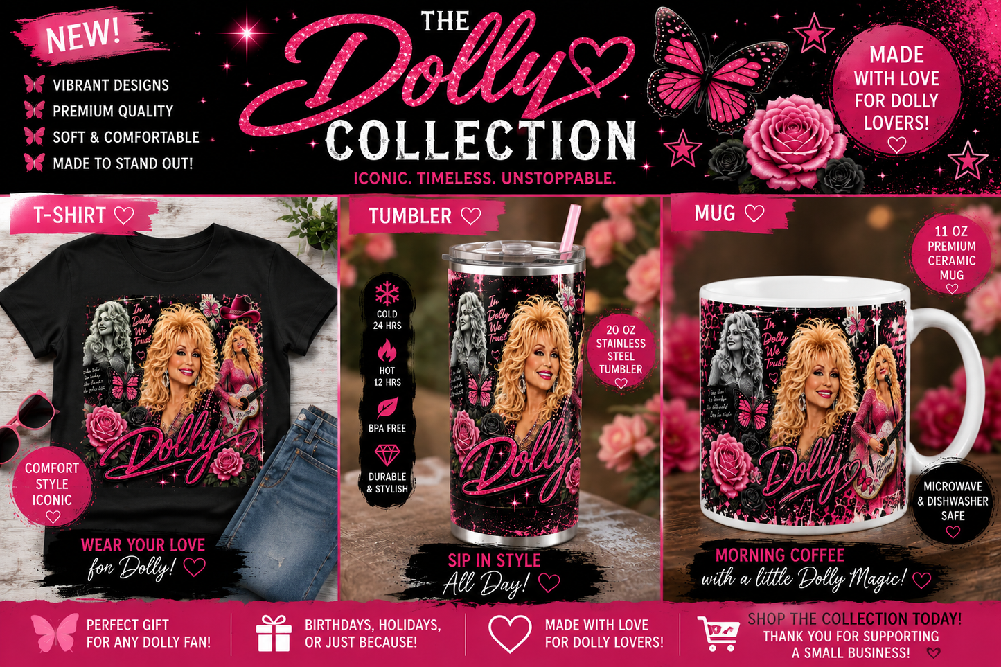 Dolly Inspired Gift Set | Graphic T-Shirt, 20 oz Tumbler, Mug & Tote Bag