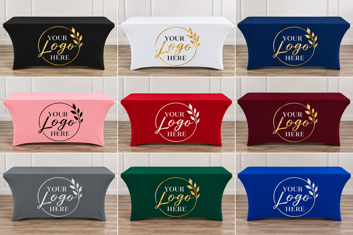 Custom Table Cover with Logo, Personalized Fitted Table Cloth for Business, Vendor Booth Display, Stretch 4ft 6ft 8ft Tablecloth